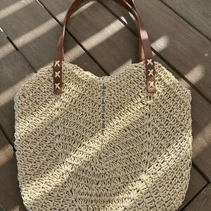 Woven Straw Tote Bag with Brown Leather Handles